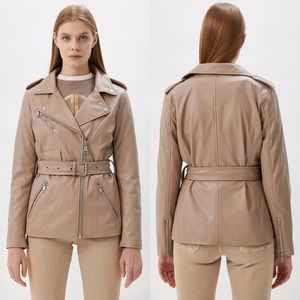 DKNY Faux Leather Biker-Style Jacket w/ Belt Beige Size S NEW